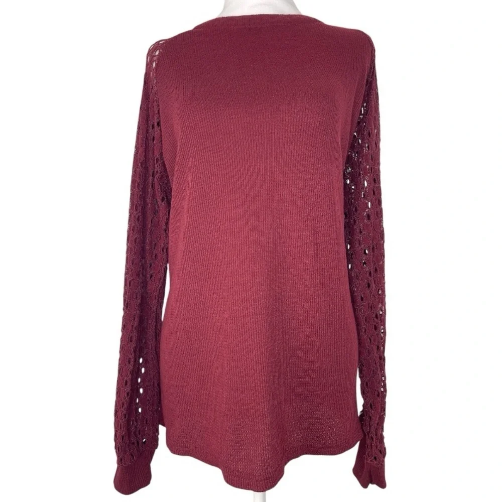 Burgundy Knit Sweater Tunic Lace Long Sleeves Back Zipper Closure Casual XXL